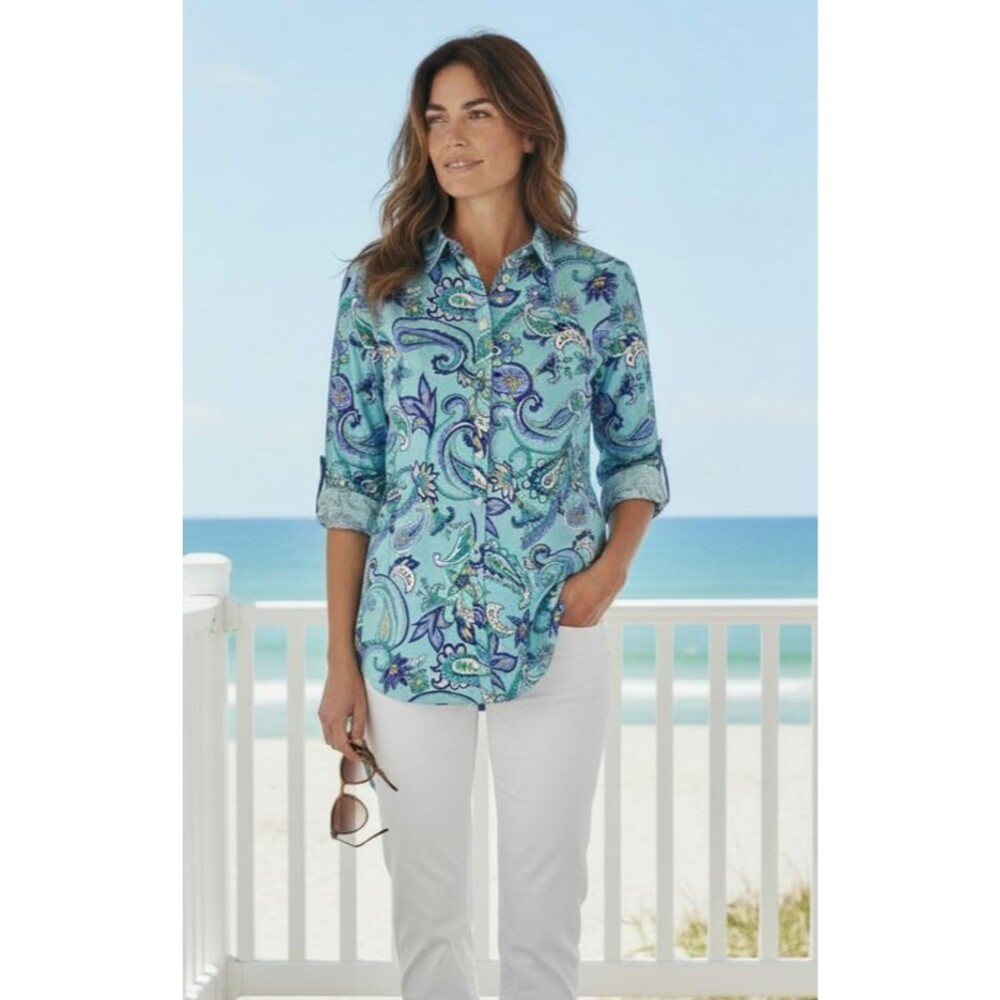 Talbots Paisley Floral Tunic Button Front Blouse Roll Tab Aqua M